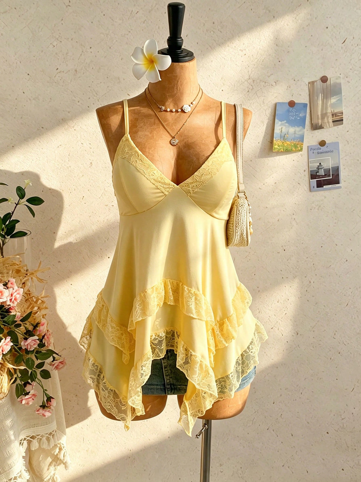Soleia Women's Solid Color Contrast Lace Asymmetric Hem Camisole Yellow Tops For Women Elegant