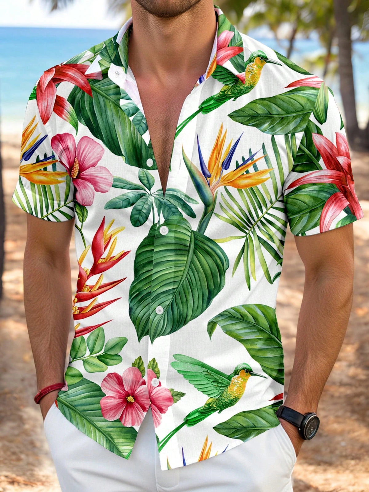 Manfinity RSRT Tropical Rainforest Banana Leaf & Floral Print Casual Slim Fit Short Sleeve Shirt, Island Vacation Style